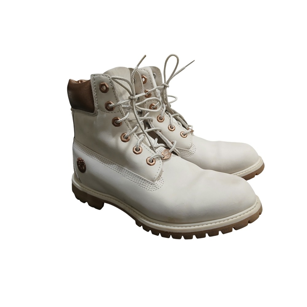 Timberland size 9.5 Premium Boots White Rose Gold Metallic Leather Womens